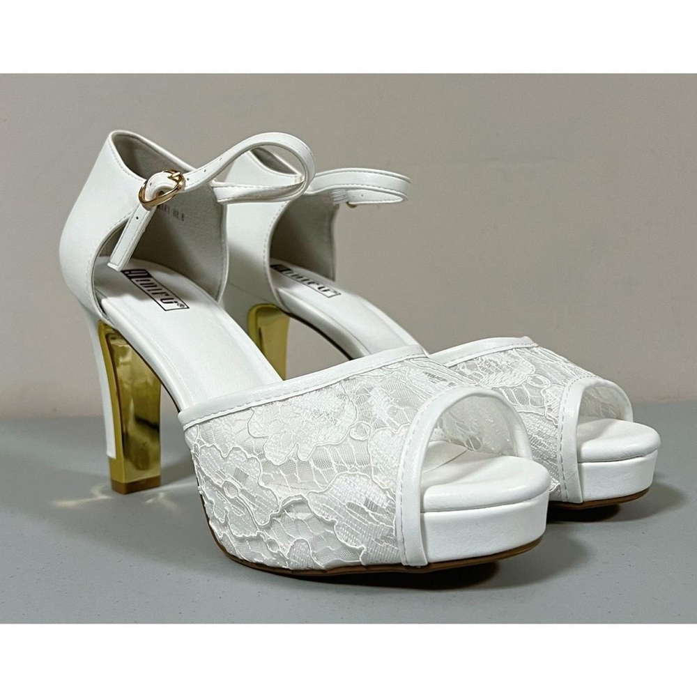 White Leather Lace Peep-Toe Open-Toe Heels Sandals Pumps Stilettos Shoes Size 8